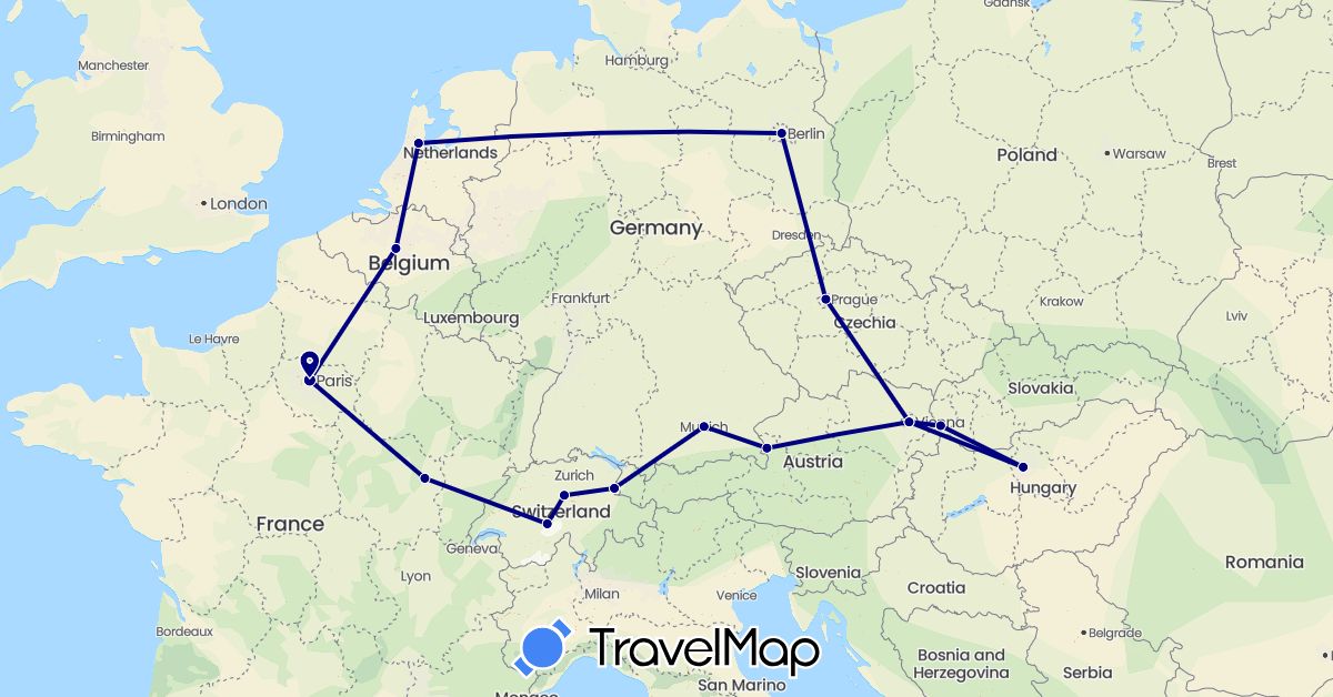 TravelMap itinerary: driving in Austria, Belgium, Switzerland, Czech Republic, Germany, France, Hungary, Netherlands, Slovakia (Europe)